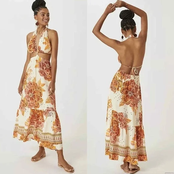 FARM Rio | Dresses | Farm Rio Anthropologie Halter Dress Xl Halter Cut Out  Boho Resort Floral Brown | Poshmark